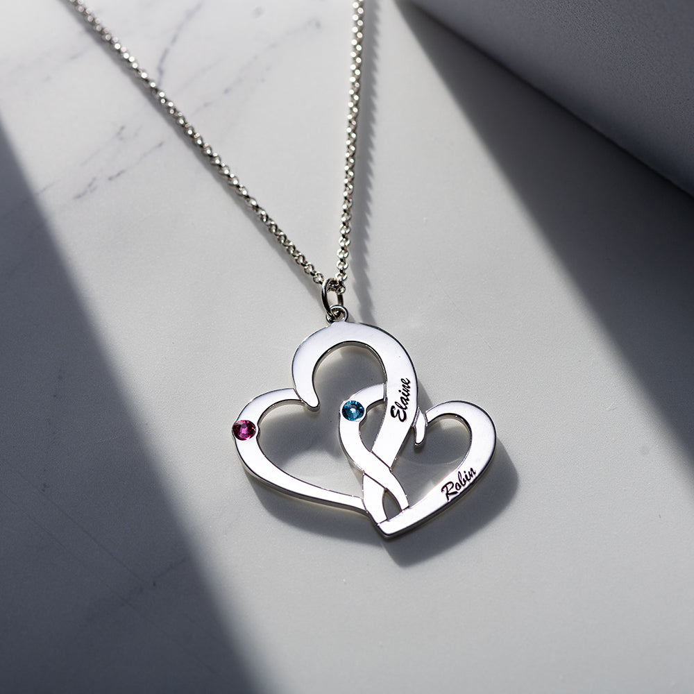 Interlocking Two-Heart Necklace with Names & Birthstones Jewelry Treasures