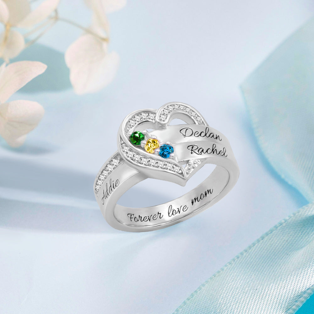 Personalized Heart 3 Birthstones Ring Family Ring Gift for Her