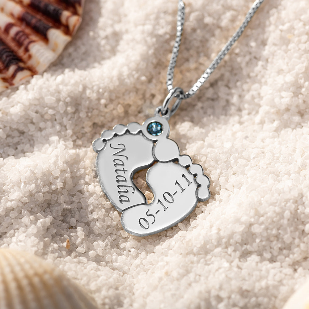 Silver Engraved Baby Feet Necklace with Personalized Birthstone Jewelry Treasures