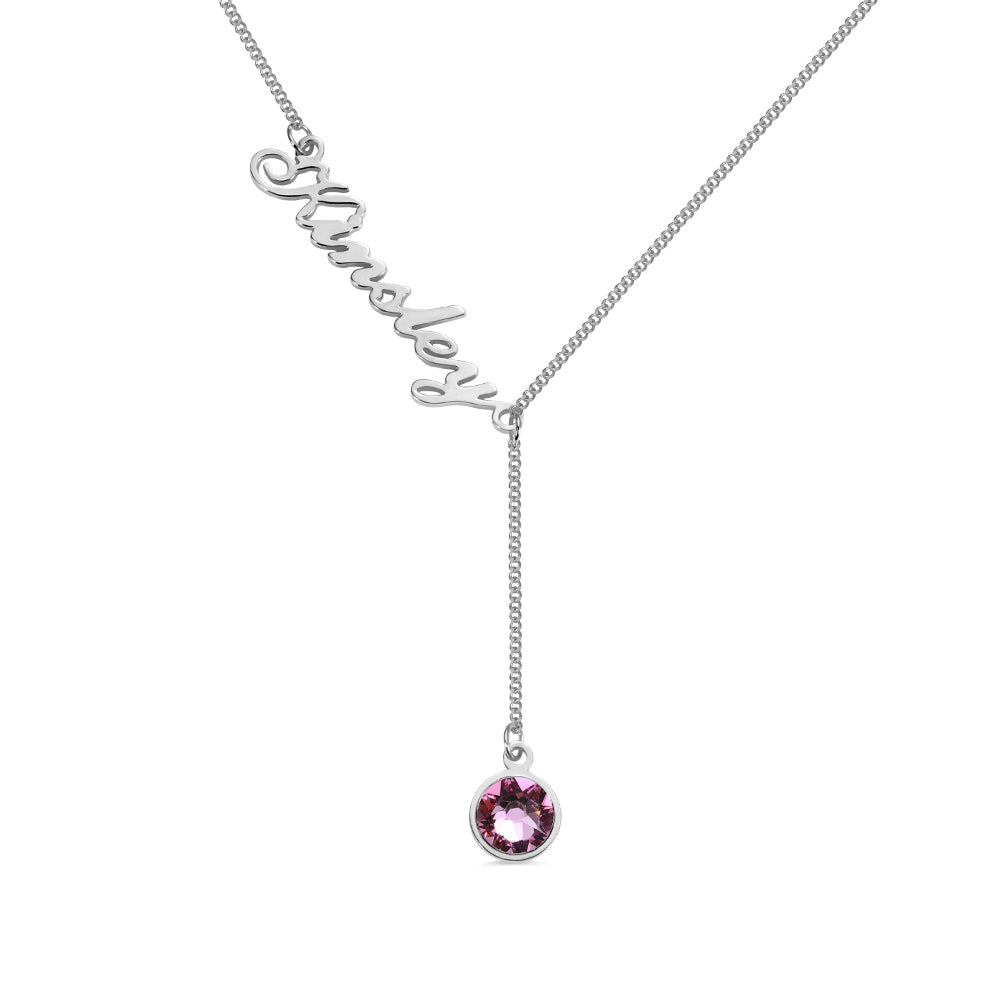 Personalized Simple Name & Birthstone Y Necklace Stainless Steel Jewelry Treasures