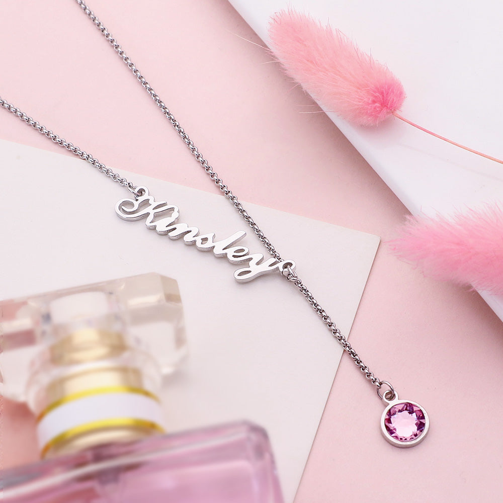 Personalized Simple Name & Birthstone Y Necklace Stainless Steel Jewelry Treasures