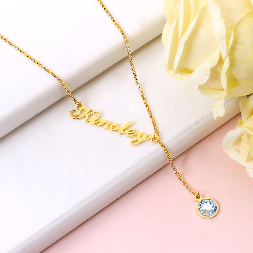 Personalized Simple Name & Birthstone Y Necklace Stainless Steel Jewelry Treasures