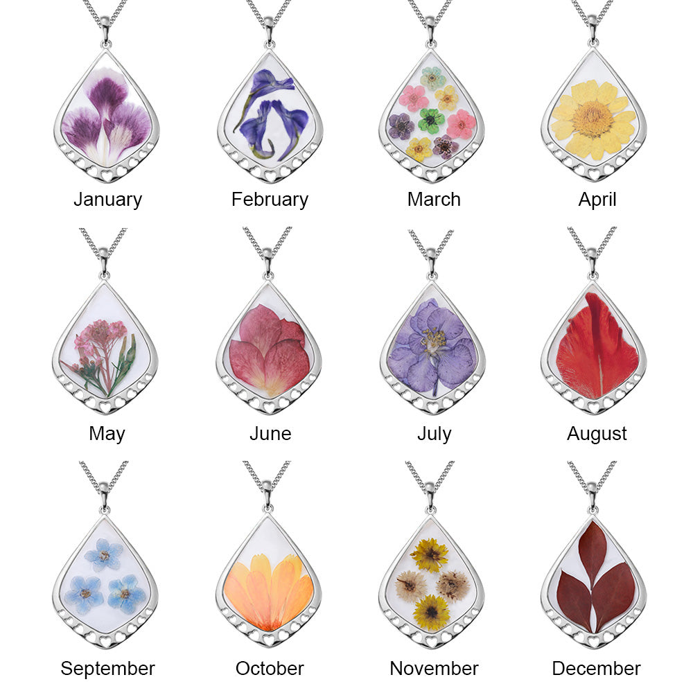 Personalized Birth Real Flower Drop Shape Necklace Jewelry Treasures