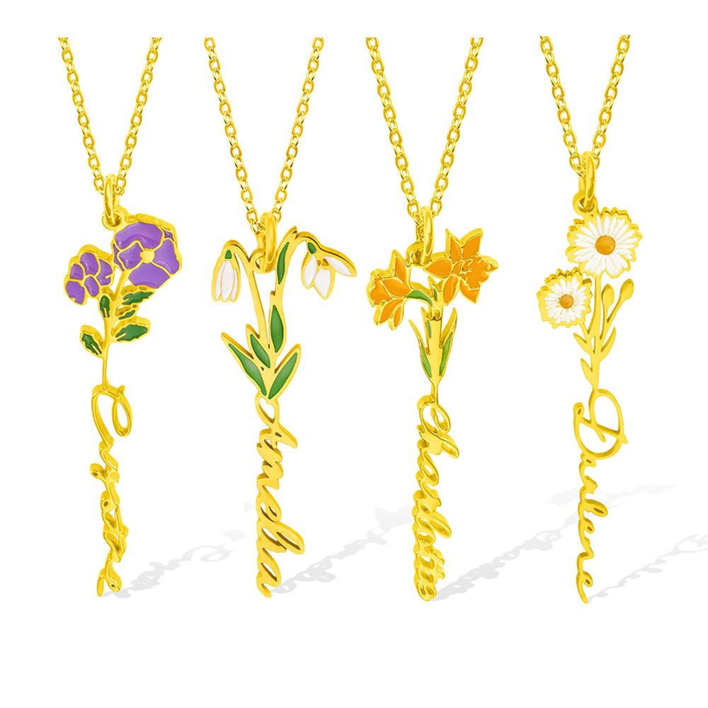 Personalized Birth Flower Name Necklace Jewelry Treasures