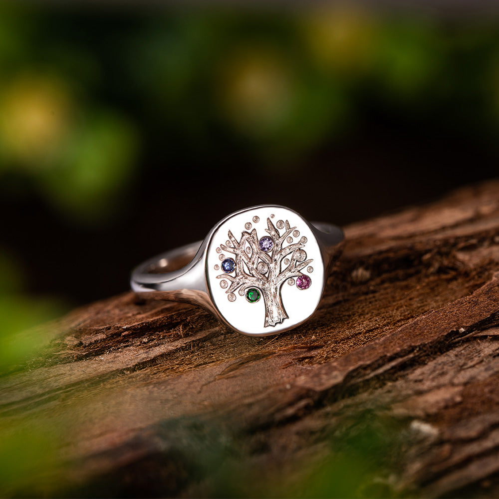 Personalized Family Tree Birthstone Signet Ring