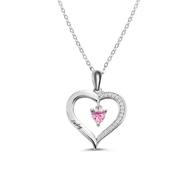 Personalized 1 Heart Birthstone Necklace with Engraving in Silver Jewelry Treasures