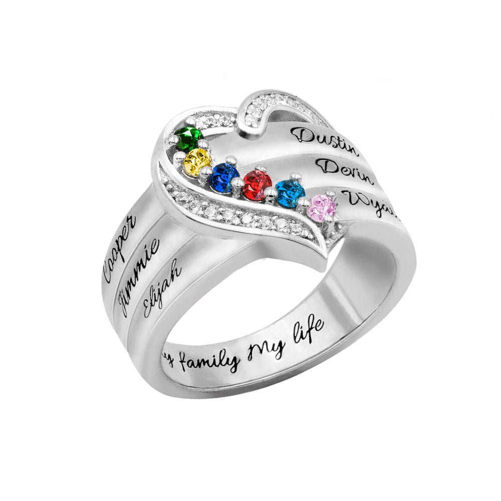 Personalized Heart 6 Birthstones Ring Family Ring Gift for Her