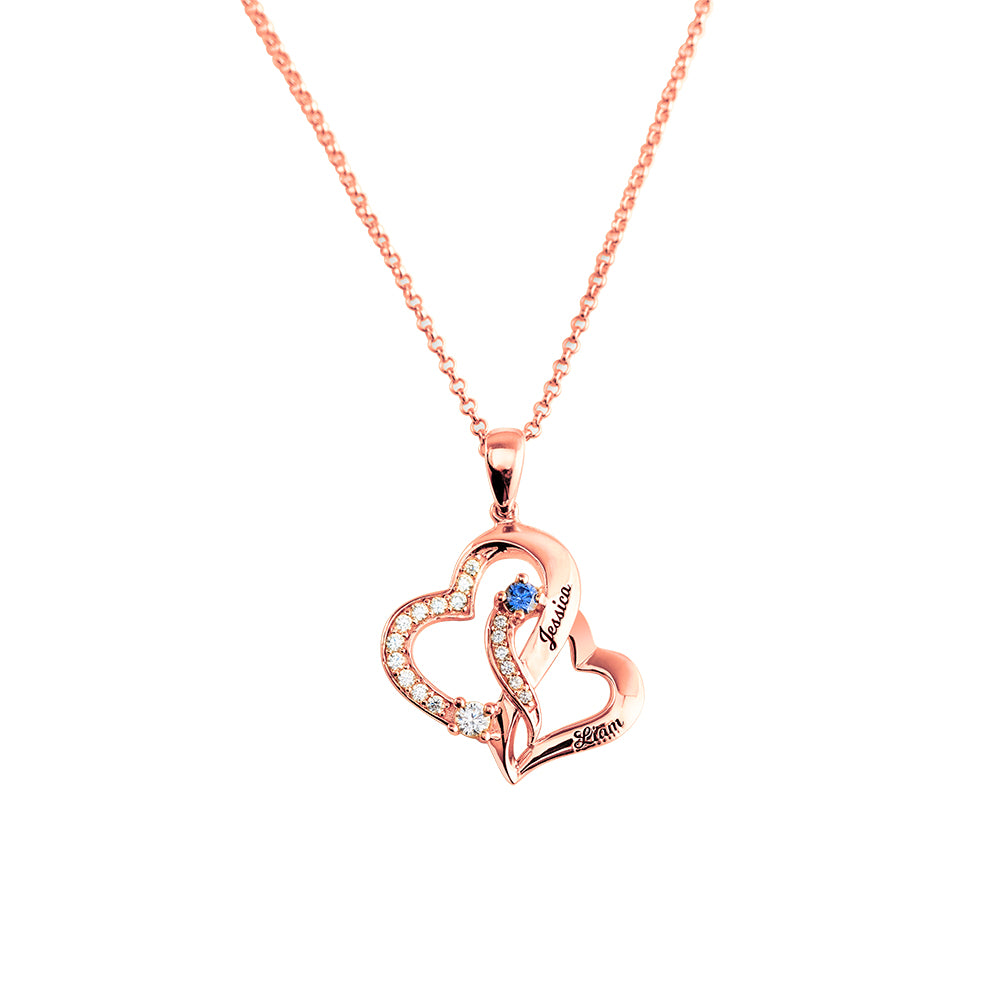 Personalized Double Heart Necklace with 2 Names & Birthstones Sterling Jewelry Treasures