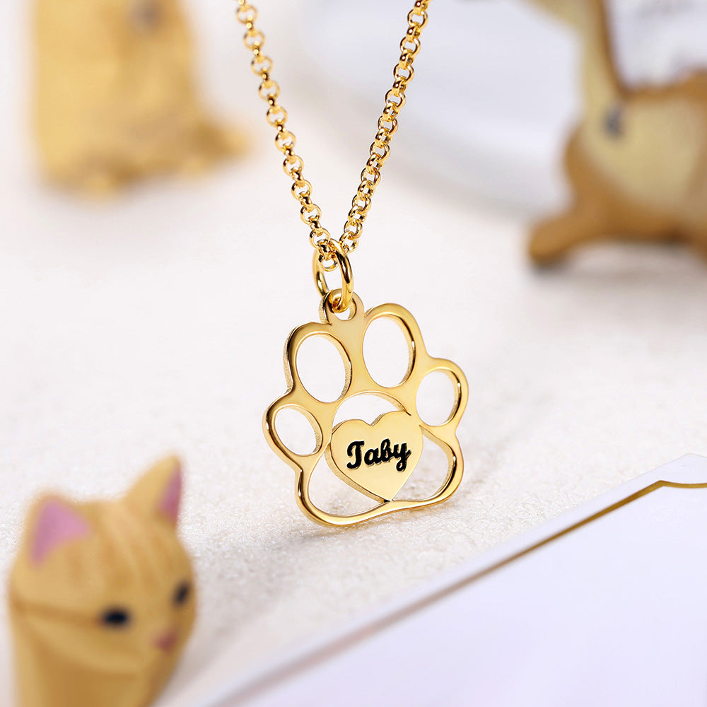 Personalized Pet Footprint Name Necklace Stainless Steel Jewelry Treasures