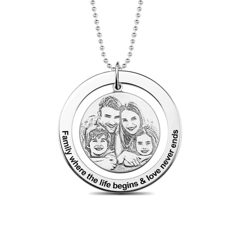 Circular Ring Pendant Engraved Circle Family Photo Necklace Jewelry Treasures