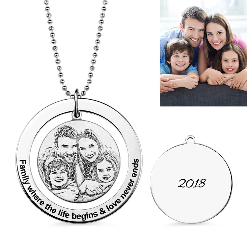 Circular Ring Pendant Engraved Circle Family Photo Necklace Jewelry Treasures