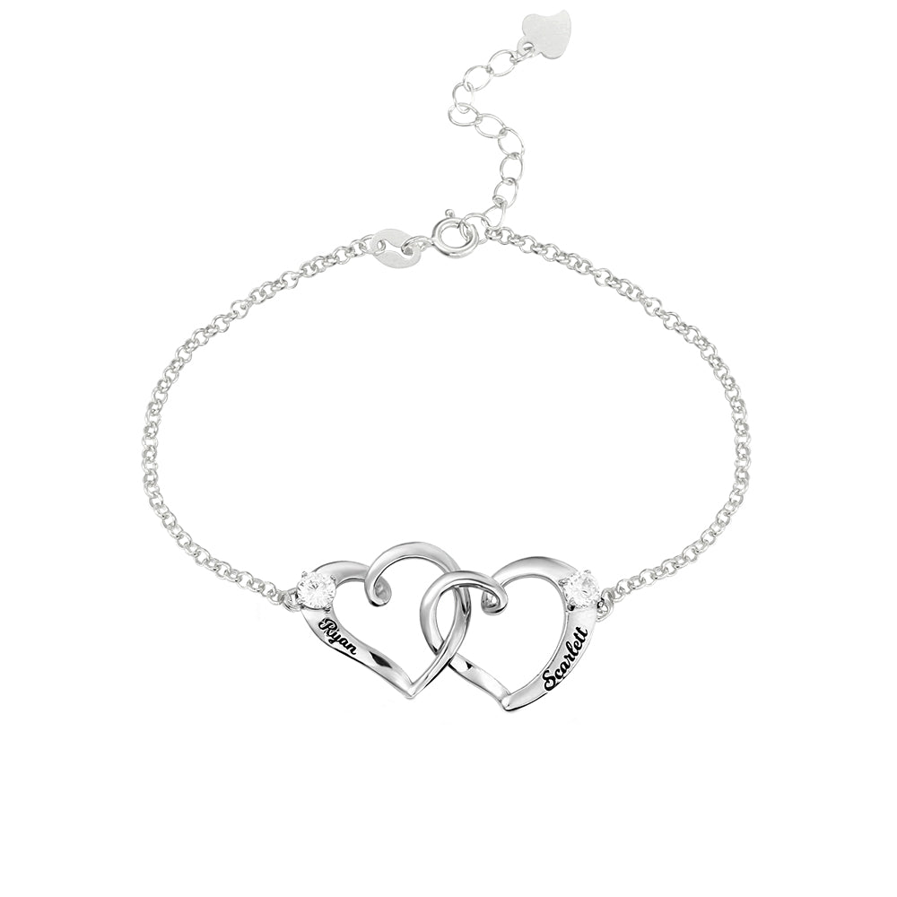 Custom Double Heart Engraved Names Bracelet Sterling Silver Jewelry Treasures