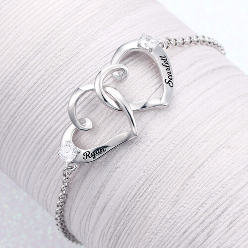 Custom Double Heart Engraved Names Bracelet Sterling Silver Jewelry Treasures