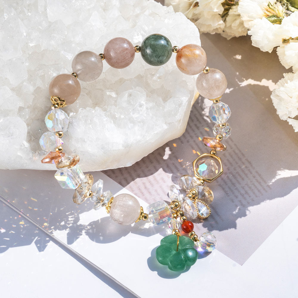 Dainty Crystal Bracelet with Green Floral Jade Lucky Jewelry