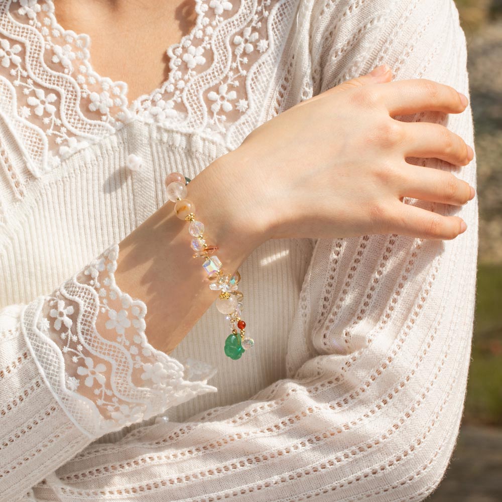 Dainty Crystal Bracelet with Green Floral Jade Lucky Jewelry