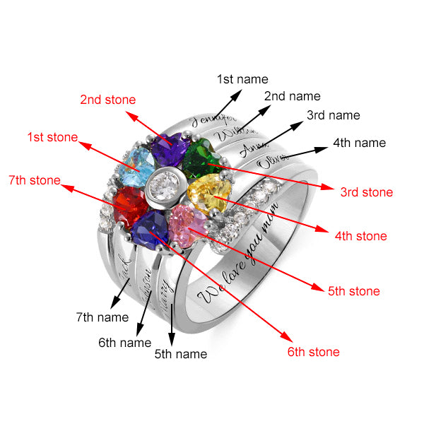 Personalized 7 Heart Birthstone Ring