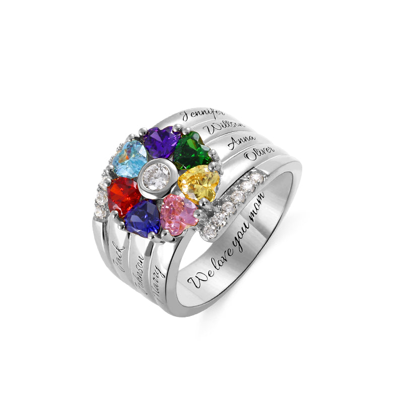 Personalized 7 Heart Birthstone Ring