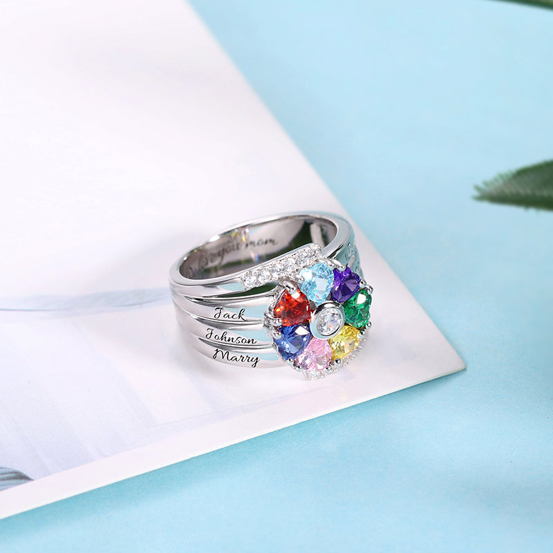 Personalized 7 Heart Birthstone Ring