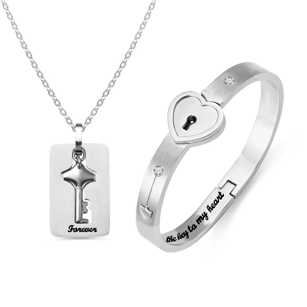 Personalized Couple's Bracelet and Key Necklace Set Jewelry Treasures