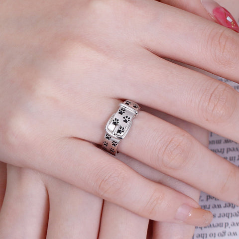 Engraved Pet Collar Ring with Footprint in Silver Jewelry Treasures