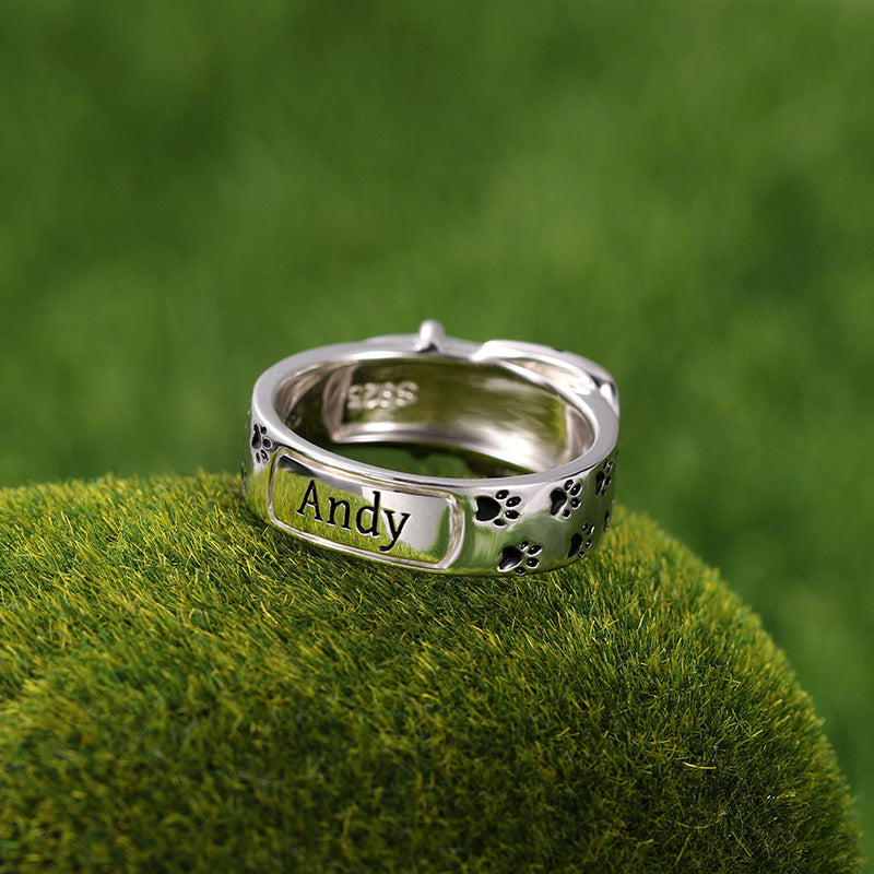 Engraved Pet Collar Ring with Footprint in Silver Jewelry Treasures