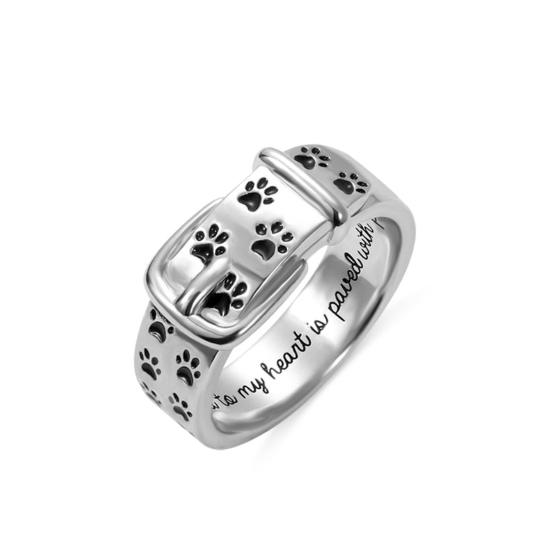 Engraved Pet Collar Ring with Footprint in Silver Jewelry Treasures