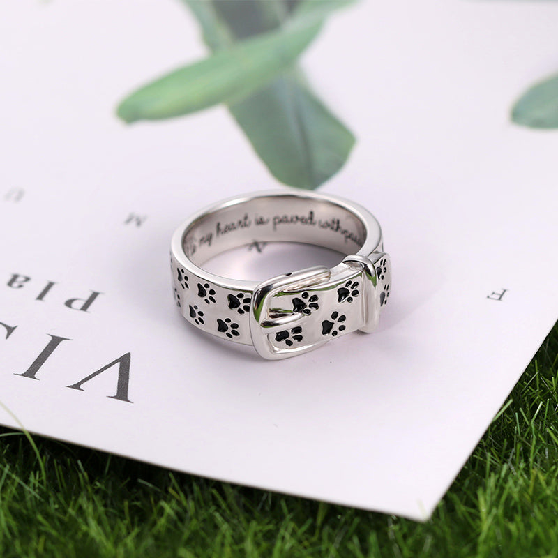 Engraved Pet Collar Ring with Footprint in Silver Jewelry Treasures