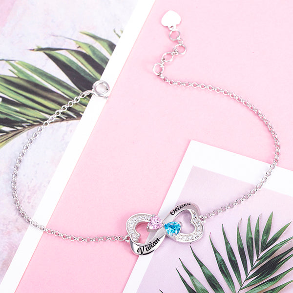 Personalized Double Heart Bracelet with Birthstones in Silver Jewelry Treasures