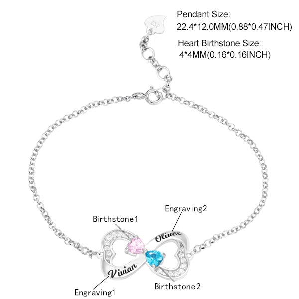 Personalized Double Heart Bracelet with Birthstones in Silver Jewelry Treasures