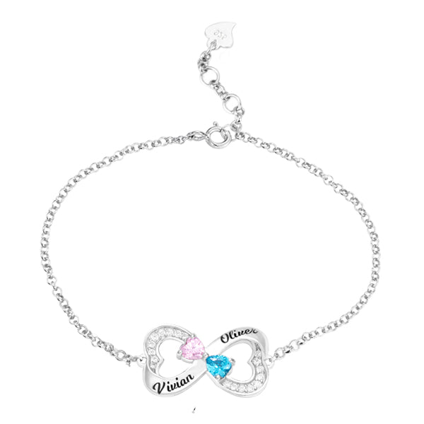 Personalized Double Heart Bracelet with Birthstones in Silver Jewelry Treasures