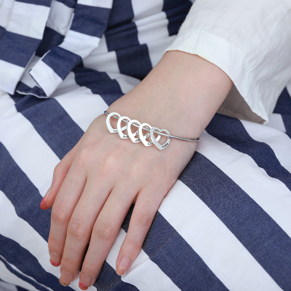 Personalized Bangle Bracelet with Heart Pendants in Silver Jewelry Treasures