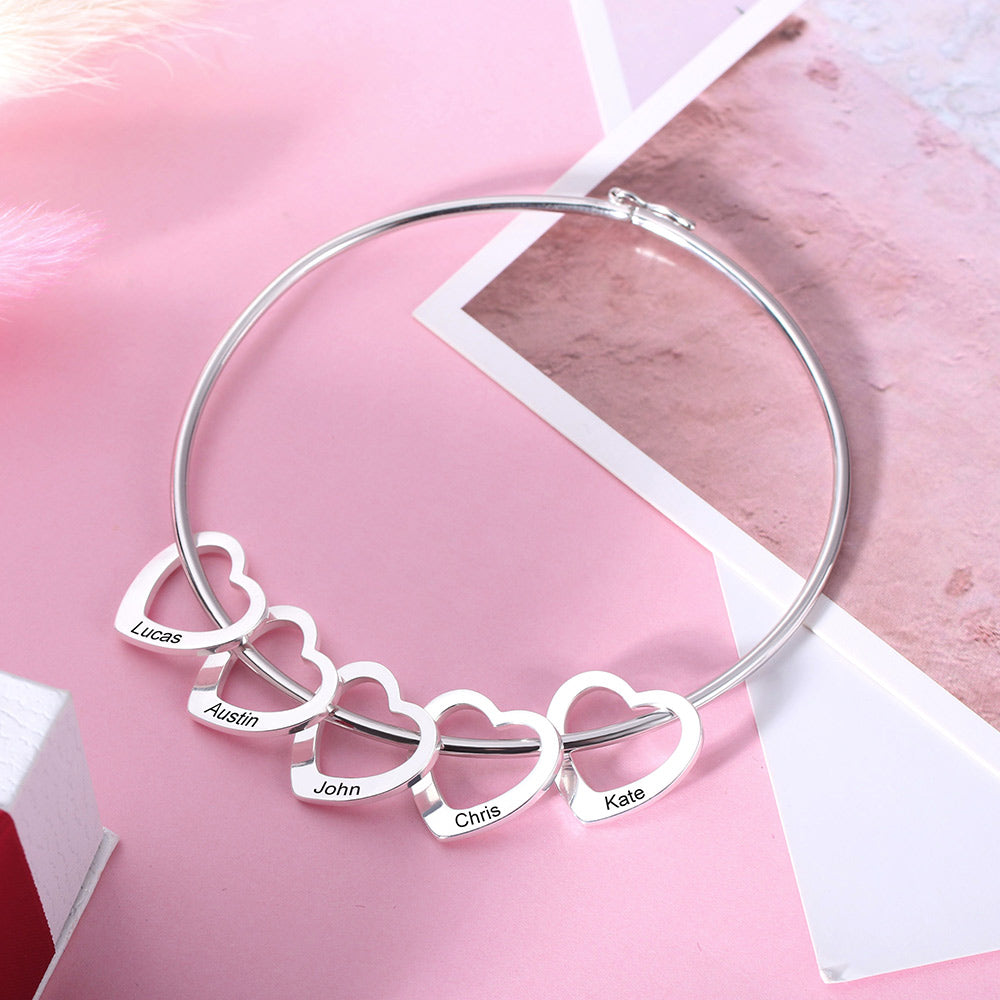 Personalized Bangle Bracelet with Heart Pendants in Silver Jewelry Treasures