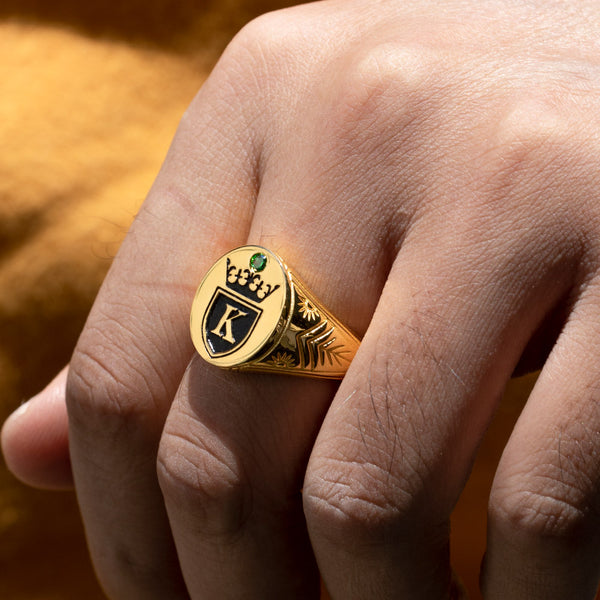 Personalized Initial and Birthstone Engraved Crown Signet Ring for men Jewelry Treasures