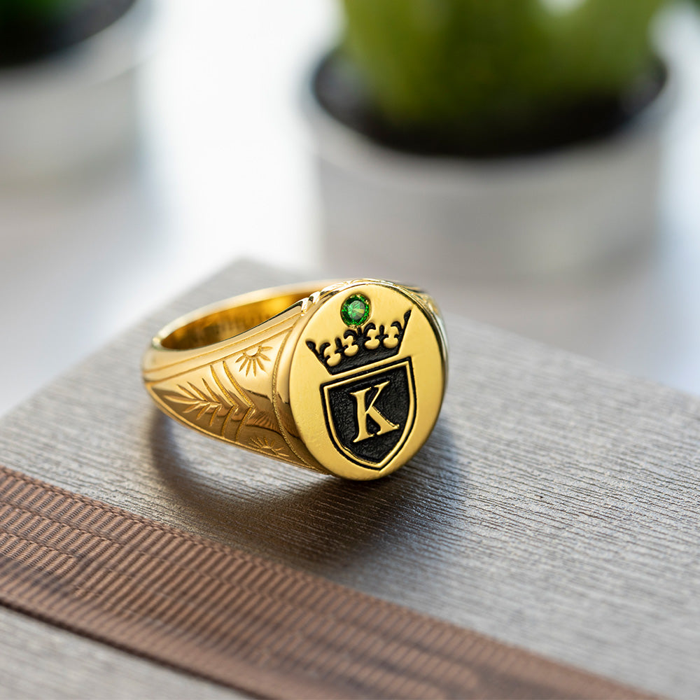 Personalized Initial and Birthstone Engraved Crown Signet Ring for men Jewelry Treasures