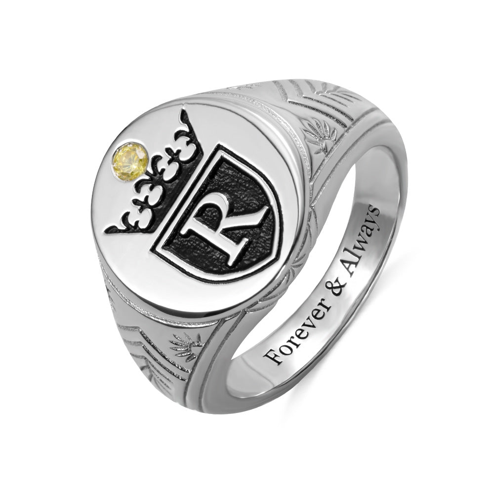 Personalized Initial and Birthstone Engraved Crown Signet Ring for men Jewelry Treasures