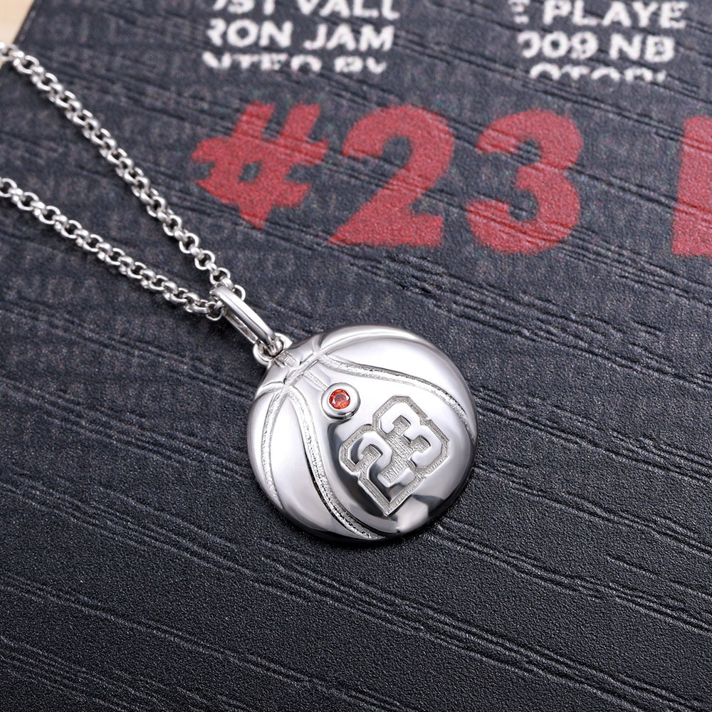 Engraved Basketball Necklace with Number And Birthstone in Silver Jewelry Treasures