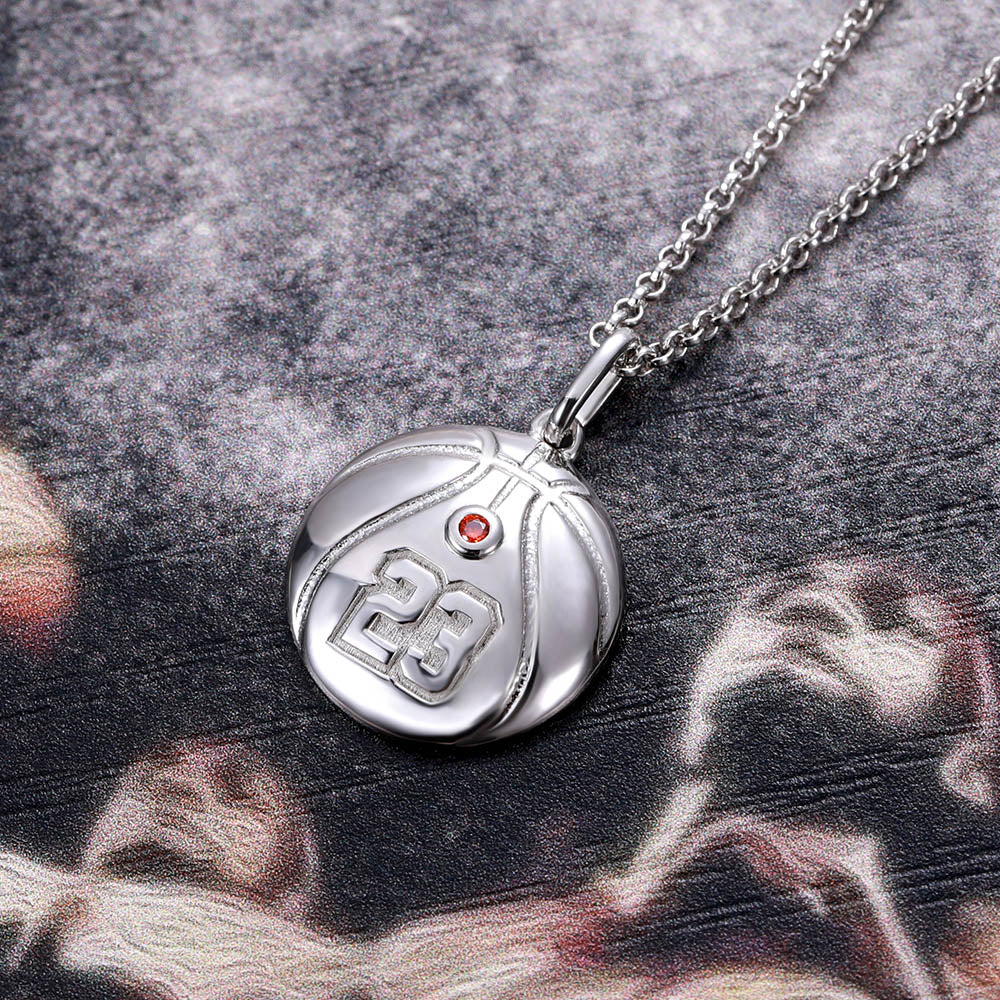 Engraved Basketball Necklace with Number And Birthstone in Silver Jewelry Treasures