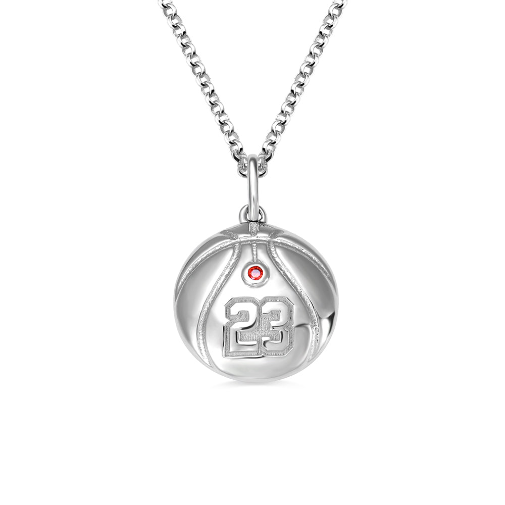 Engraved Basketball Necklace with Number And Birthstone in Silver Jewelry Treasures