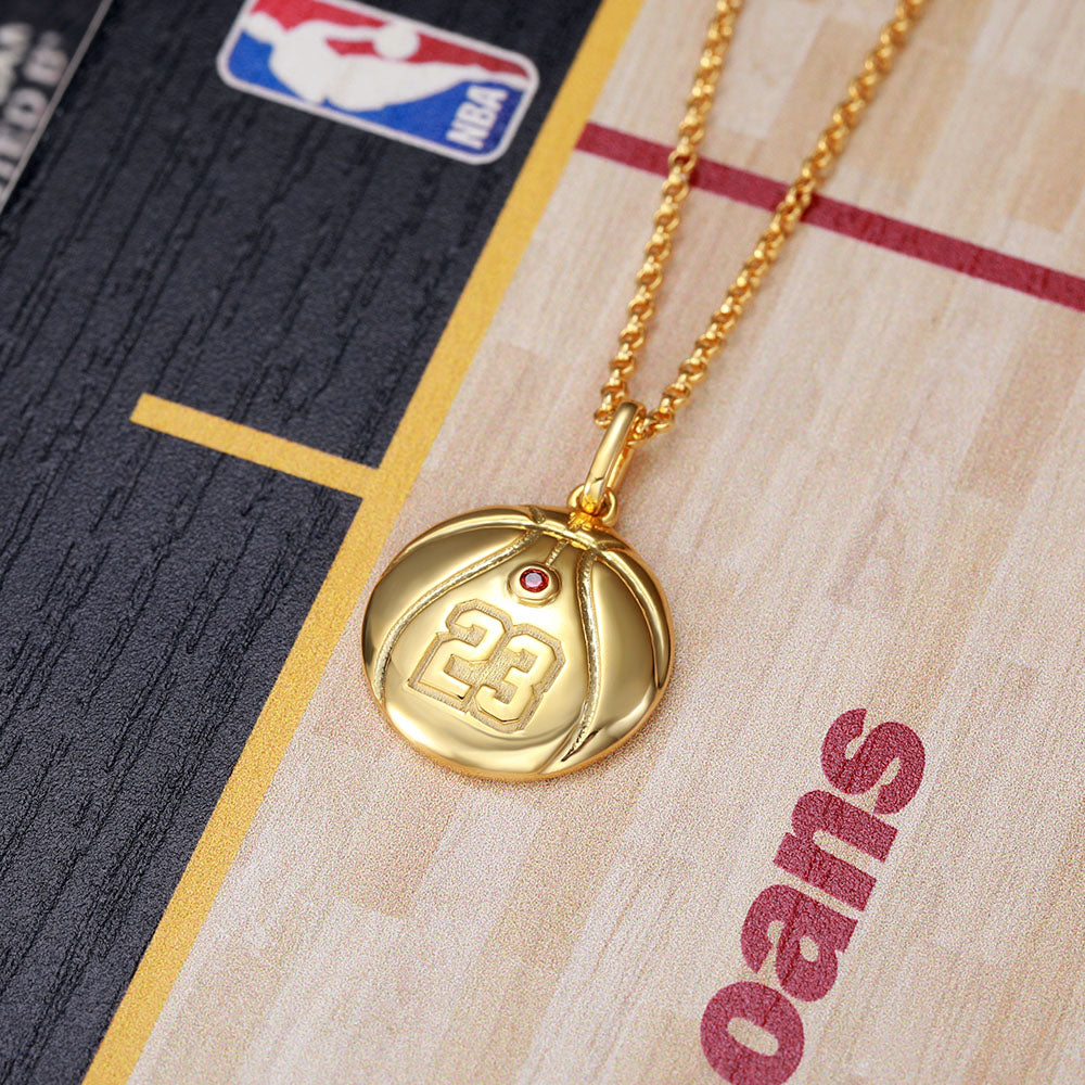 Engraved Basketball Necklace with Number And Birthstone in Silver Jewelry Treasures