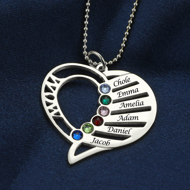 Engraved Heart Mother Birthstones Necklace Sterling Silver Jewelry Treasures