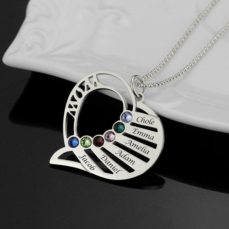 Engraved Heart Mother Birthstones Necklace Sterling Silver Jewelry Treasures