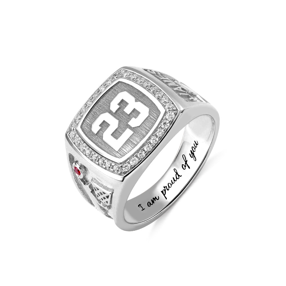 Engraved Basketball Signet Ring with Birthstone Jewelry Treasures