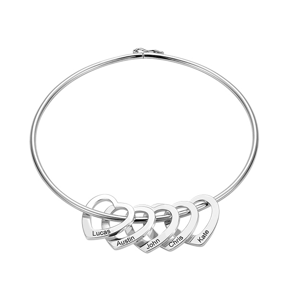 Personalized Bangle Bracelet with Heart Pendants in Silver Jewelry Treasures