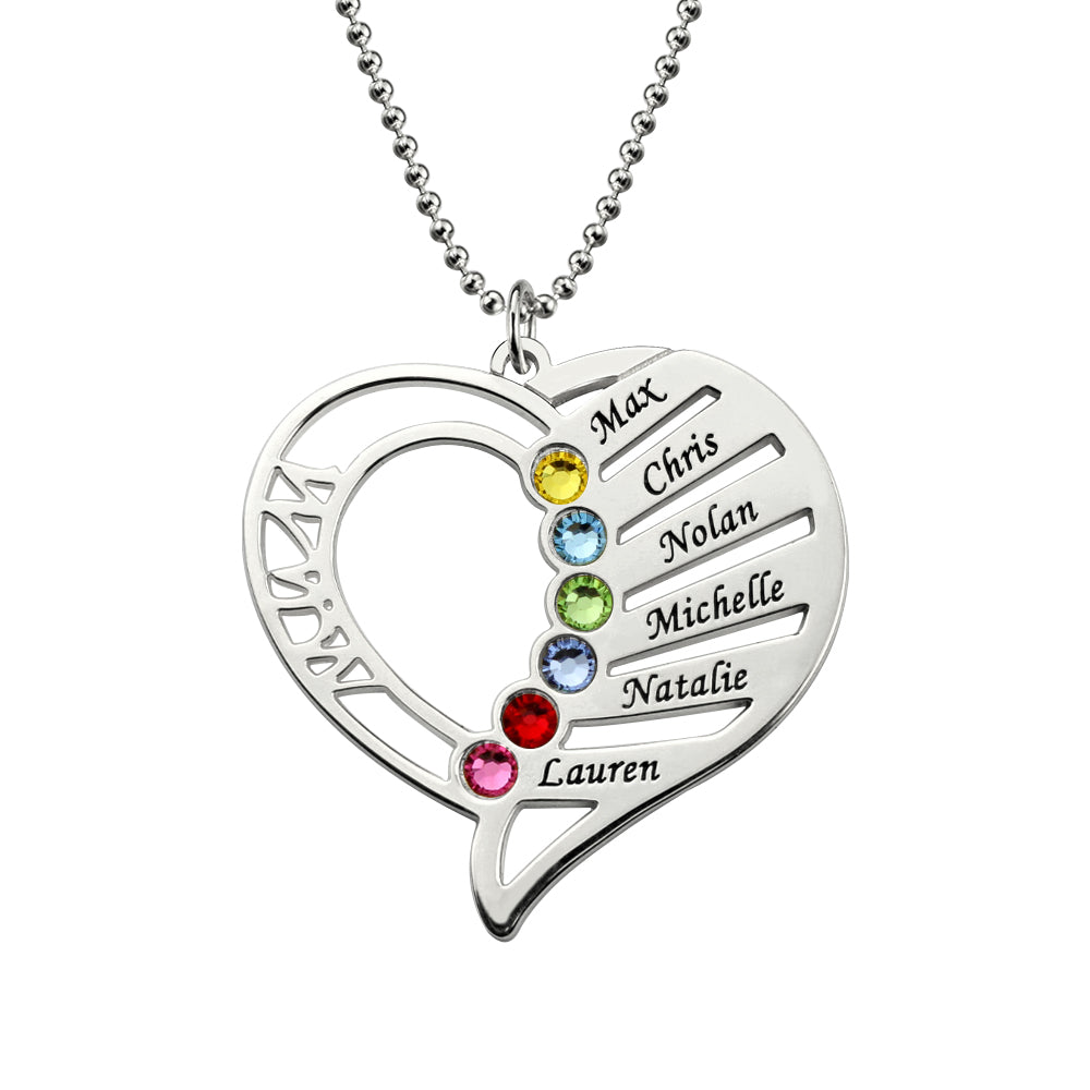 Engraved Heart Mother Birthstones Necklace Sterling Silver Jewelry Treasures