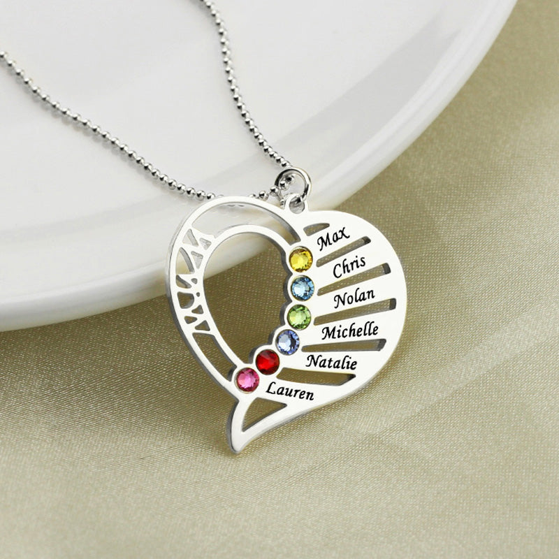 Engraved Heart Mother Birthstones Necklace Sterling Silver Jewelry Treasures