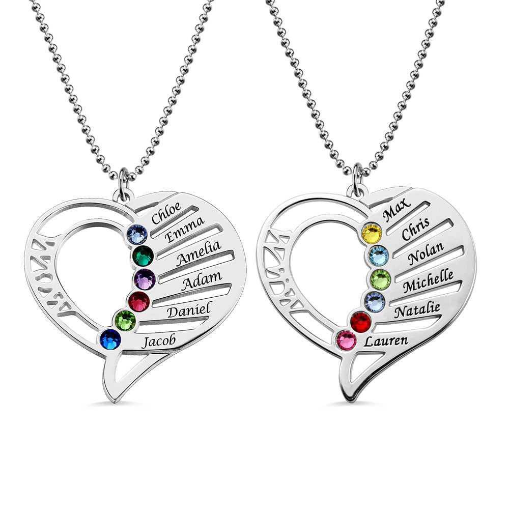 Engraved Heart Mother Birthstones Necklace Sterling Silver Jewelry Treasures