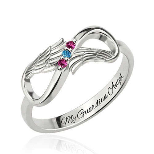 Engraved Angel Wings Infinity Ring with Birthstones Silver