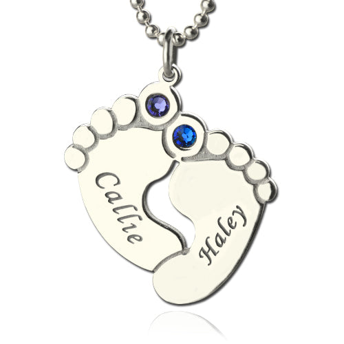 Personalized Baby Feet Name Necklace with Birthstone Silver Jewelry Treasures