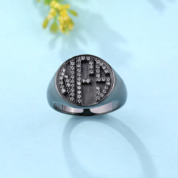 Personalized CZ Circle Monogram Ring Black plated Jewelry Treasures