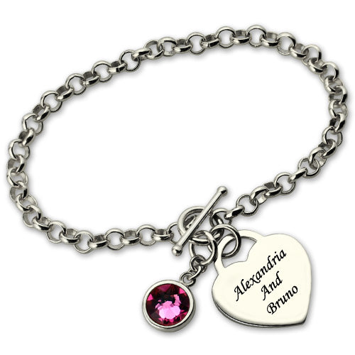 Heart Charm Bracelet with Birthstone & Name Sterling Silver Jewelry Treasures